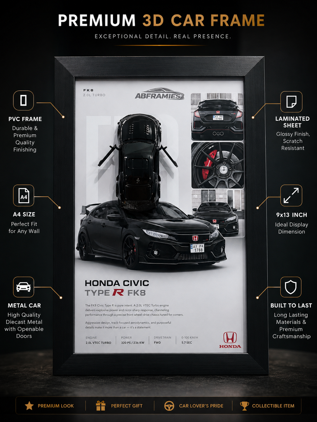 Honda Civic Type R FK8 3D Car Frame – A4 Size