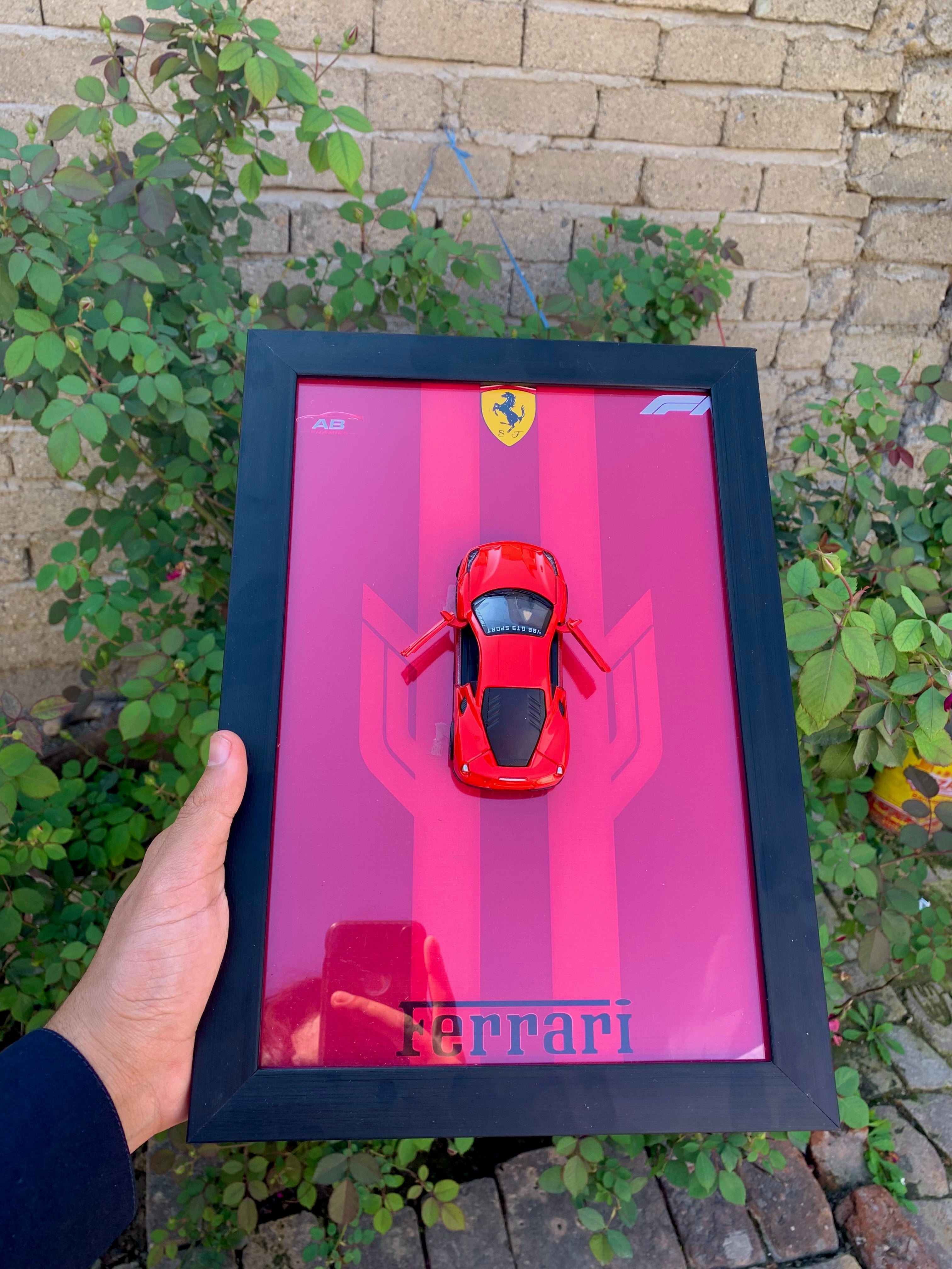 Ferrari (Red Edition): > 3D Ferrari Supercar Wall Art – Rosso Corsa Metal Car A4 Glass Frame