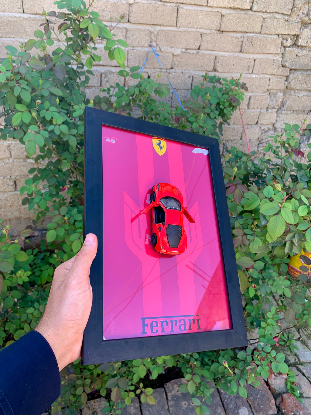 Ferrari (Red Edition): > 3D Ferrari Supercar Wall Art – Rosso Corsa Metal Car A4 Glass Frame
