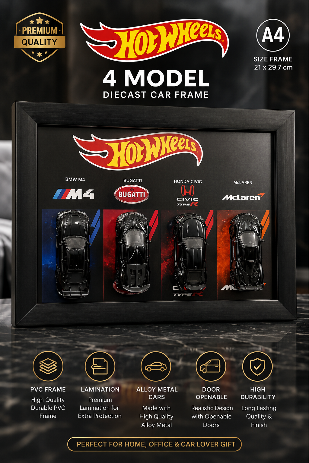 4 Model Diecast Car Frame – Premium A4 Wall Display