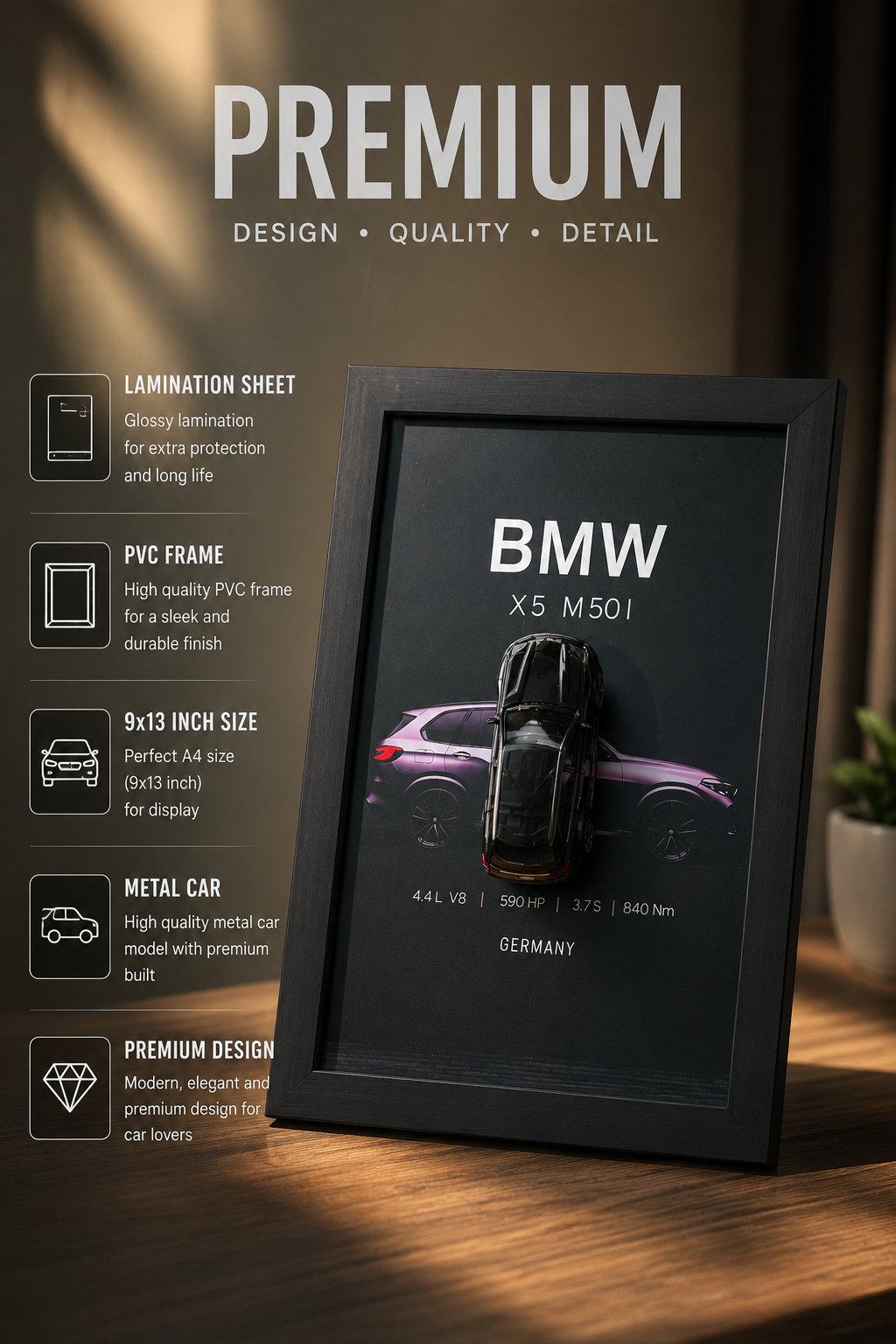 BMW X5 M50i: 3D Diecast BMW X5 M50i Wall Art – Premium Tech-Spec Frame