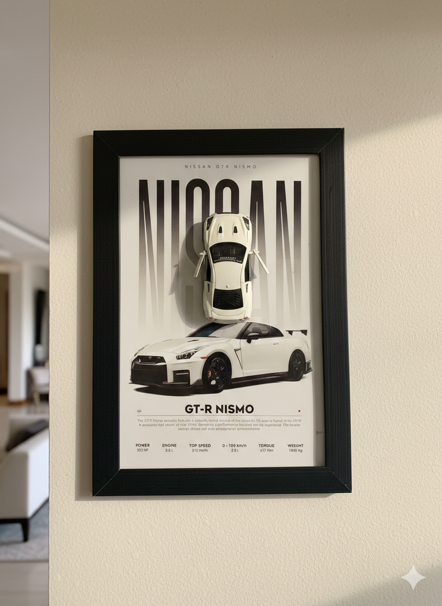 Nissan GT-R Nismo 3D Wall Art – White Godzilla Metal Edition (A4)